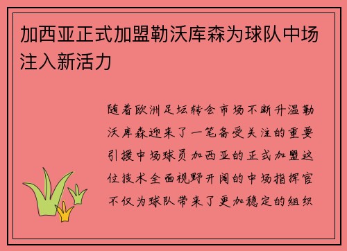 加西亚正式加盟勒沃库森为球队中场注入新活力
